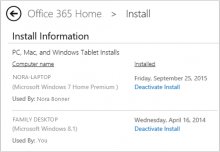 Снимок экрана страницы установки с названием компьютера и именем пользователя, установившего Office.